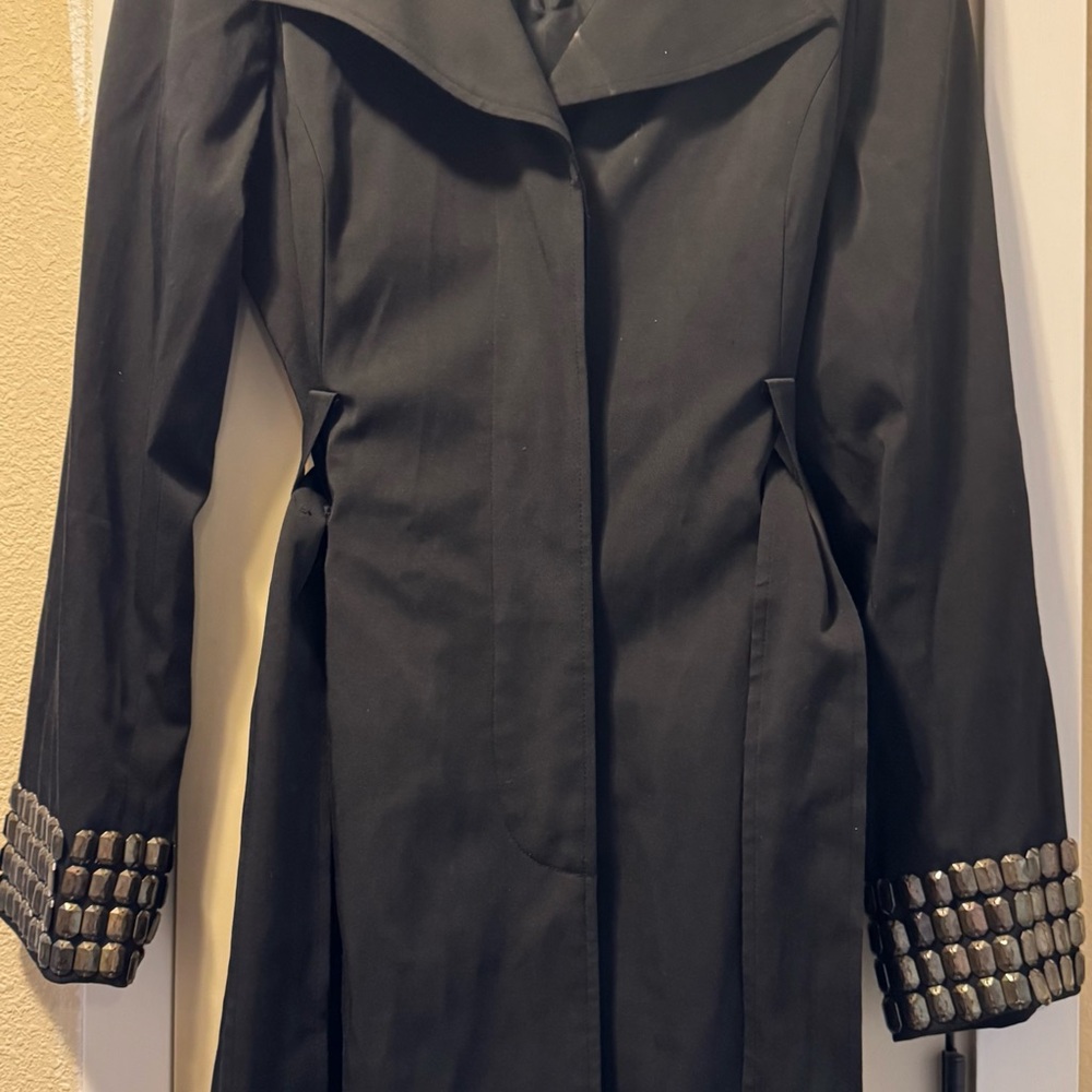 INC International Concepts Black Trench Coat with Embellished Cuffs